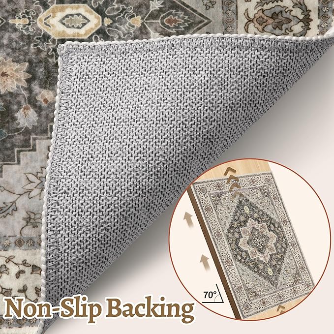 Tangsoo Area Rug 3x5 Bedroom Rug, Washable Vintage Rugs Indoor, Non Slip Accent, Print Distressed Brown/Grey Carpet, Soft Low Pile for Living Room Dorm Bedroom Bedside Entryway Bathroom