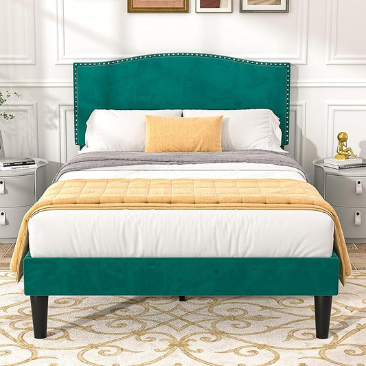 VECELO Twin Bed Frame Platform Bed Frame with Upholstered Headboard, Strong Frame and Wooden Slats Support, Strong Weight Capacity, Non-Slip and Noise-Free, Easy Assembly,Dark Green