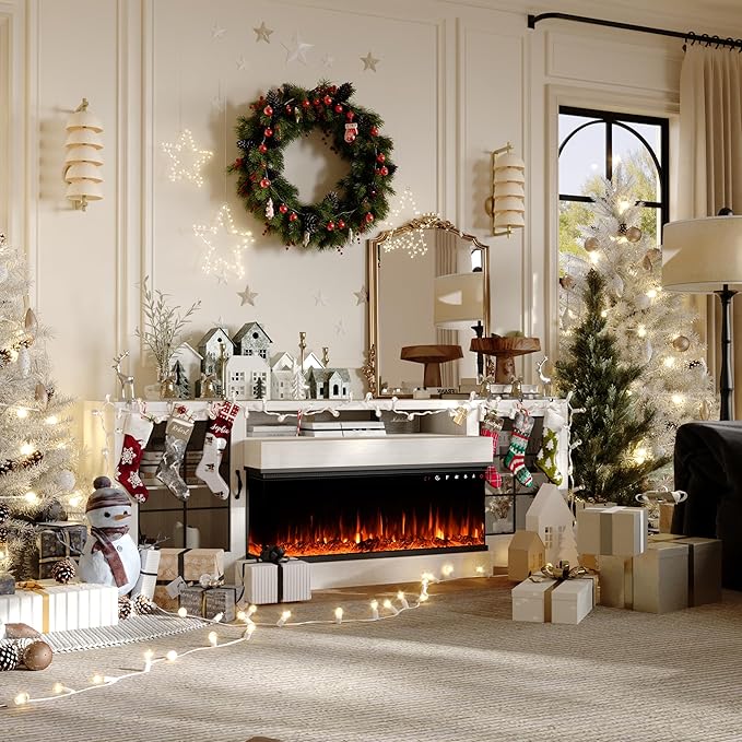 CharaVector 3-Sided Farmhouse Electric Fireplace TV Stand for TVs up to 75'', Entertainment Center with Glass Door Storage Cabinet, 60'' Large TV Stands with 30''Fireplace, White