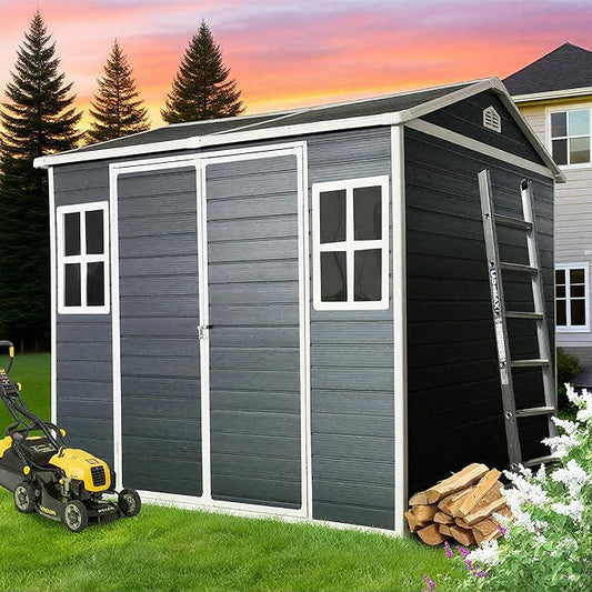 8x6 FT Outdoor Storage Resin Shed with Floor, Plastic Garden Bike Shed with Sloped Roof, Lockable Door & Windows, Easy to Assemble Tool Shed for Lawn, Backyard, Patio, Black