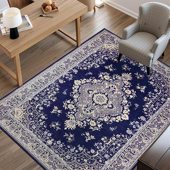 Vintage Area Rug 5x8 Rugs, Machine Washable Vintage Area Rug Non-Slip Low Pile Large Rug for Living Room, Bedroom, Farmhouse, Dining Room, Navy Blue