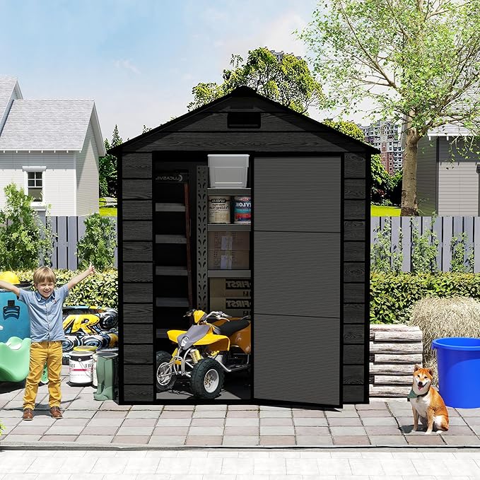6x6 FT Outdoor Storage Resin Shed with Floor, Waterproof Plastic Garden Tool Shed with Windows, Vents & Lockable Door and Sloped Roof, Easy to Assemble Bike Shed for Patio, Backyard, Lawn, Black