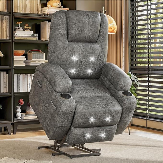 Electric Power Lift Recliner Chair with Massage for Elderly Corduroy Fabric Recliner Single Sofa with Cup Holders, Side Pockets and Remote Control for Living Room Bedroom (Leathaire, Light Gray)