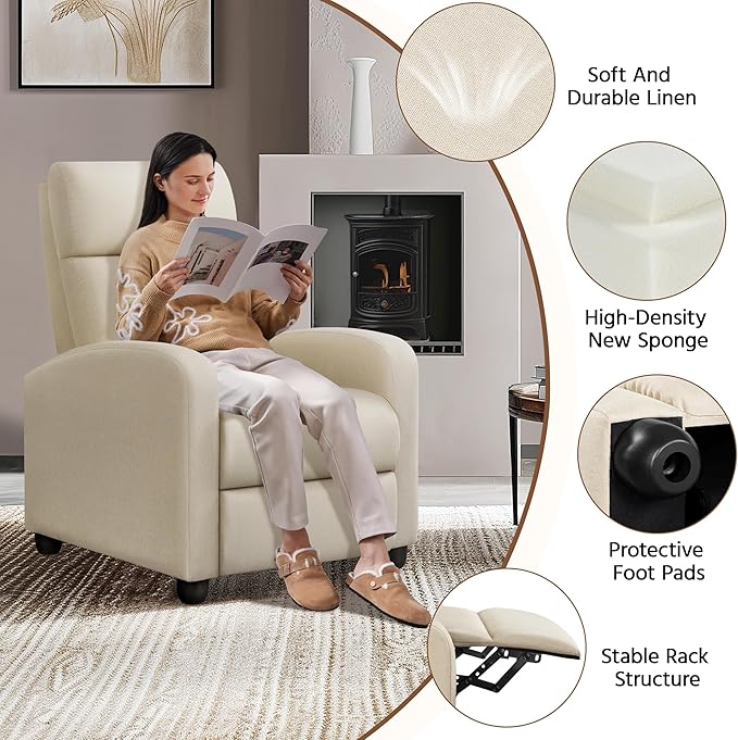 Yaheetech Modern Fabric Recliner Chair Sofa Adjustable Single Sofa with Thicker Seat Cushion and Backrest for Living Room Home Theater, Beige