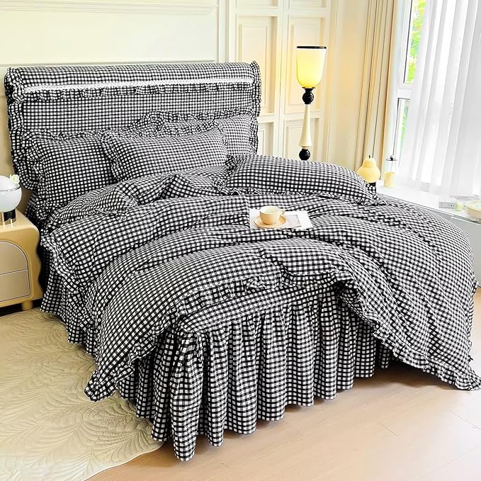 mixinni Vintage Black Gingham Ruffle Comforter Set 3-Piece Washed Cotton King Size Grid Bedding Set with Geometric Checkered Pattern, Farmhouse Chic Soft Fluffy Comforter for All-Season
