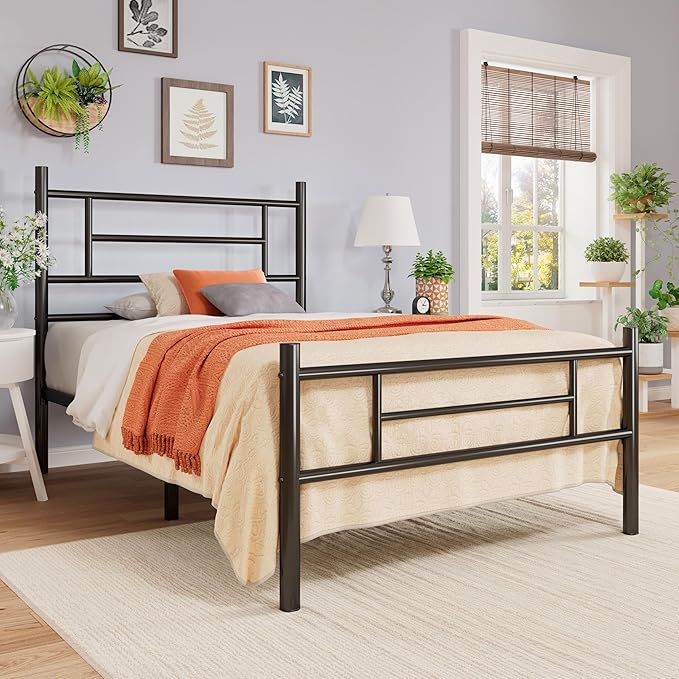 Allewie 14 Inch Twin Size Metal Platform Bed Frame with Headboard and Footboard, Underbed Storage, Strong Metal Slats Support, Mattress Foundation, No Box Spring Needed, Easy Assembly, Black