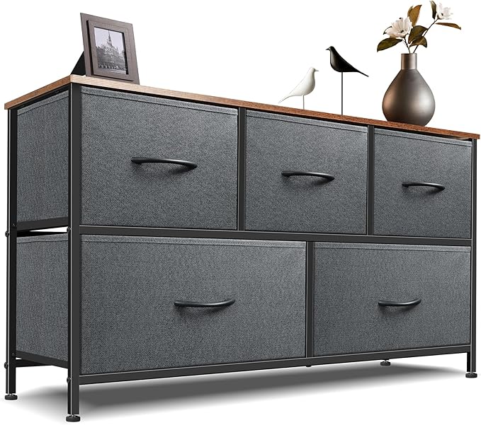 Dresser for Bedroom with 5 Drawers, Chest of Drawers, Storage Drawers Organizer Unit, Grey Wide Fabric Dresser with Fabric Bins for Closet, Living Room, Bedroom (Grey and Rustic Brown)