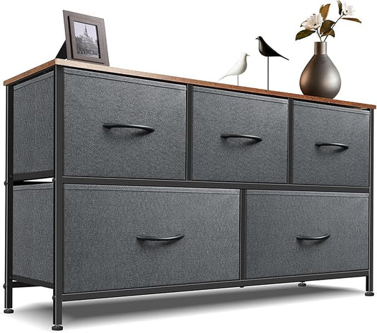 Dresser for Bedroom with 5 Drawers, Chest of Drawers, Storage Drawers Organizer Unit, Grey Wide Fabric Dresser with Fabric Bins for Closet, Living Room, Bedroom (Grey and Rustic Brown)