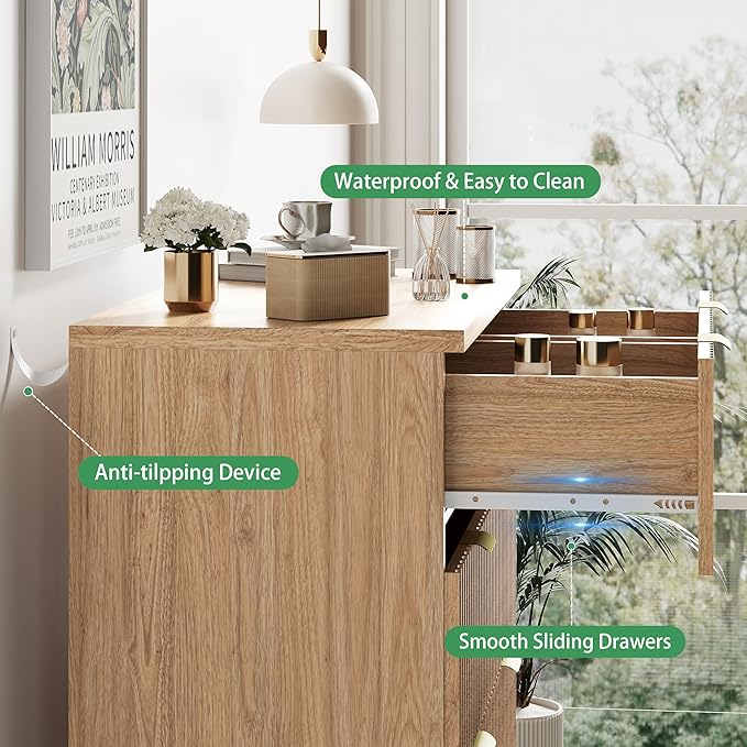 Fluted Dresser for Bedroom with 6 Drawers, 46" Tall Modern Chest of Drawers with Metal Handle, Wooden Dresser TV Stand, Wood Closet Clothes Storage Organizer for Living Room, Hallway, Natural Oak