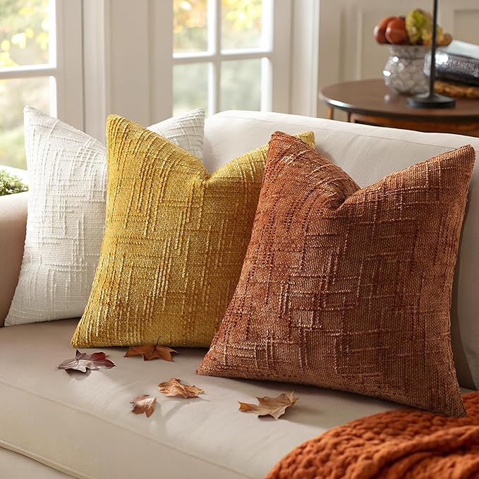 decorUhome Fall Rust Chenille Throw Pillow Covers 20x20 Set of 2 Thick Textured Slubby Couch Pillow Covers Farmhouse Accent Modern Neutral Decorative Pillow Cases for Bed Sofa Living Room