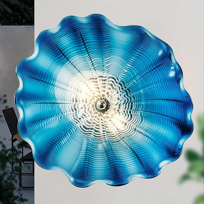 Hand Blown Glass Plate Wall Decor, Modern Unique Glass Wall Art, Lotus Leaf Wall Plate Shape Wall Sconce with Transparent and Easy to Clean for Staircase, Living Room, Kitchen, Hallway (Blue-1)