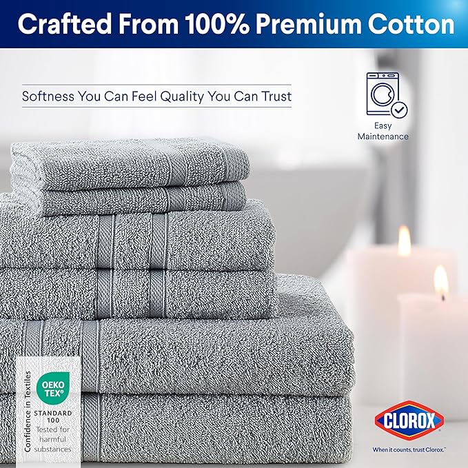 CLOROX Bleach Friendly Towels, Quick Dry, 100% Cotton Hand Towels (16" x 26"), Highly Absorbent Soft Lightweight, Ideal for Everyday Use, Easy to Wash (2 Pack, Light Grey)