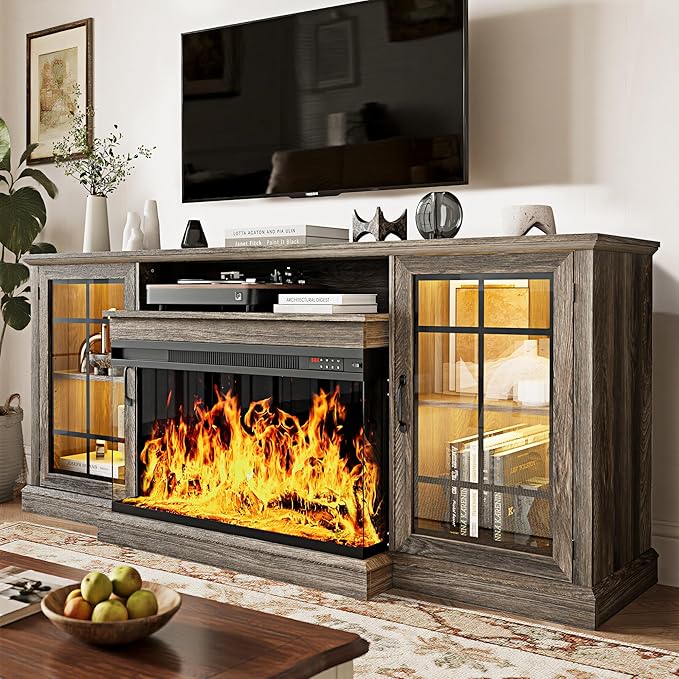 MXV 70'' Fireplace TV Stand, Farmhouse Entertainment Center with 3 Sided Glass TV Stand, Modern Media Console Table with Storage Drawers & Cabinets with LED Flame and Lights for Living Room, Gray