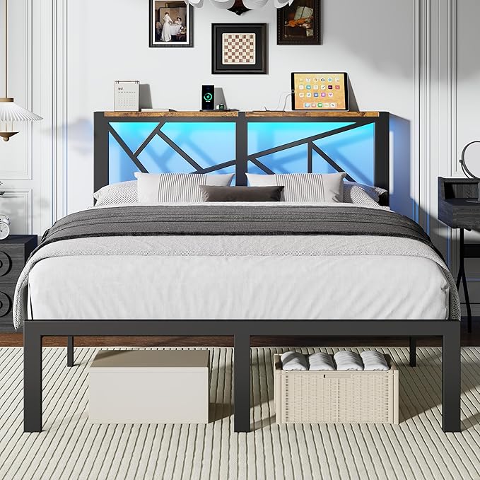 Full Size Black Metal Bed Frame with USB Charging Station, LED Ambient Lighting, and Wooden Storage Headboard - Includes Under-Bed Storage, No Box Spring Needed, Noise Free, Easy Assembly