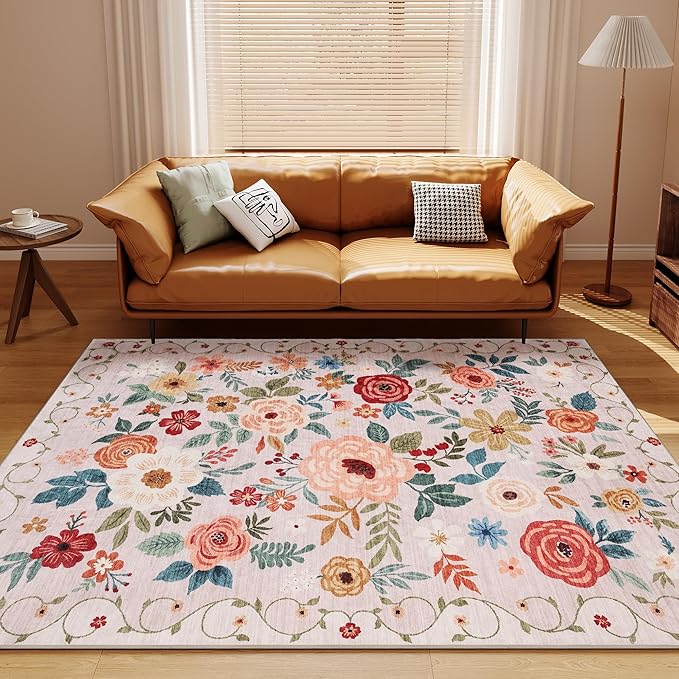 DUKINO Floral Round Rug, 4ft Washable Round Area Rug, Non Slip Indoor Low Pile Circle Rug, Soft Small Boho Design Circle Rug for Bedroom, Entryway, Living Room, Dining Room,Beige