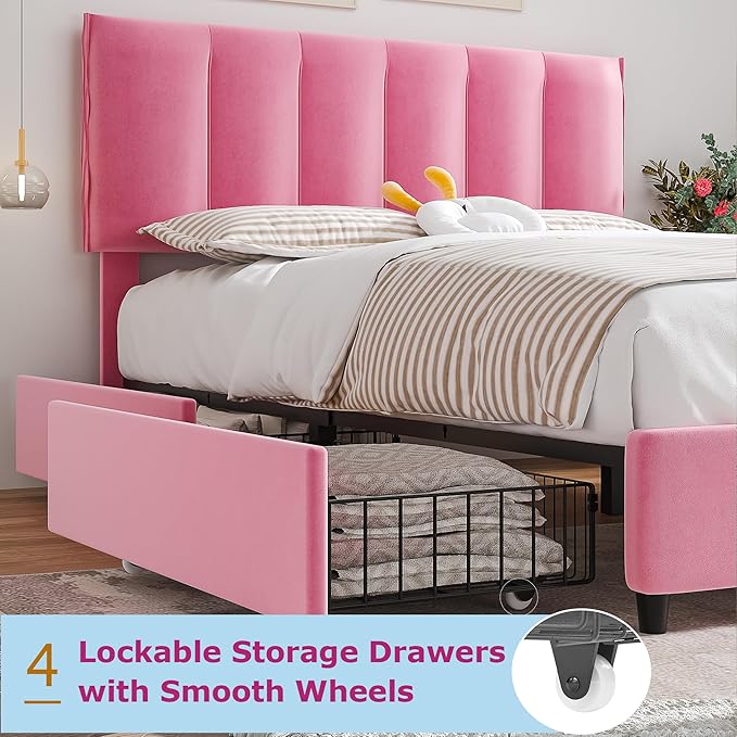 VECELO Full Upholstered Bed Frame with 4 Storage Drawers and Adjustable Velvet Headboard, Heavy-Duty Platform bedframe, No Box Spring Needed, Pink