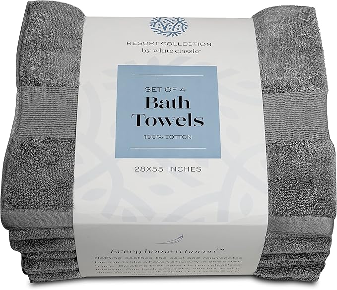 White Classic Resort Collection Soft Bath Towels | 28x55 Luxury Hotel Plush & Absorbent Cotton Bath Towel Large [4 Pack, Smoke Grey]