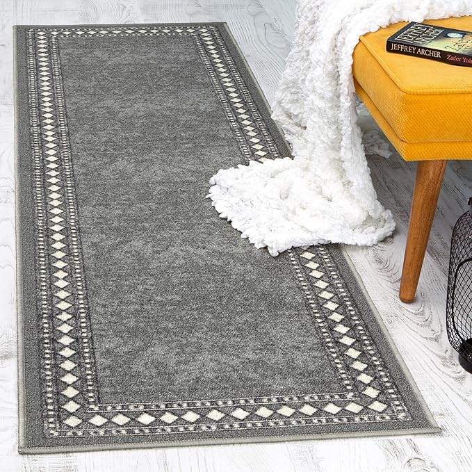 Antep Rugs Alfombras Modern Bordered 2x10 Non-Skid (Non-Slip) Low Profile Pile Rubber Backing Indoor Area Runner Rugs (Gray, 2' x 10')