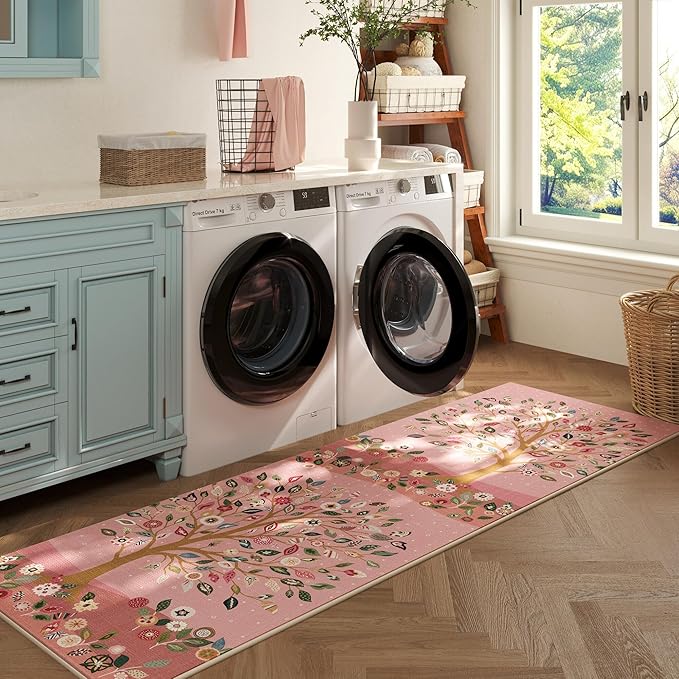 Runner Rug for Kitchen Rug Non Slip 2'x6' Washable Rugs Floral Tree with Rubber Backing Bohemian Soft Carpet Runner for Kitchen, Laundry, Bedroom, Bathroom, Pink