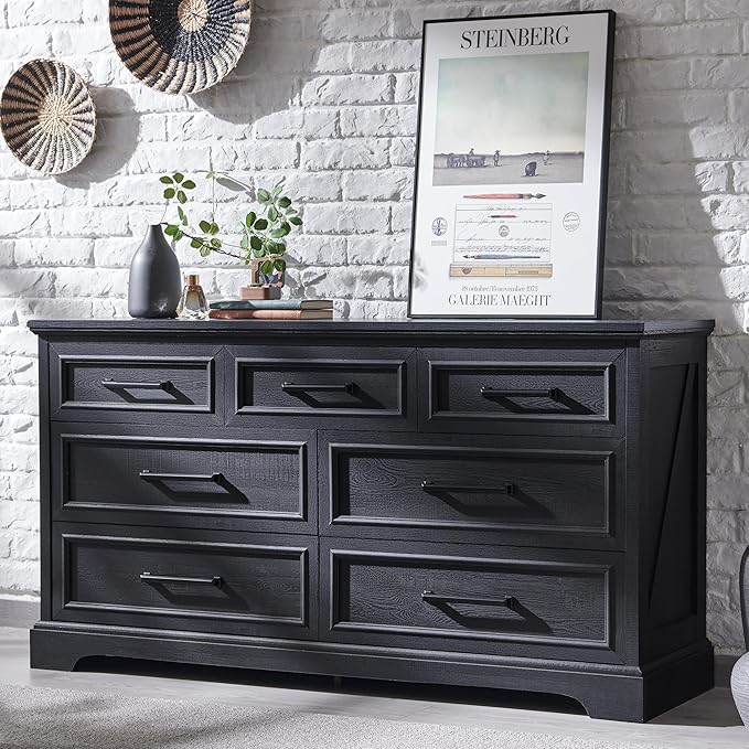 7 Drawer Dresser, Farmhouse Chest of Drawers for Bedroom, 52" Wide Dresser TV Stand with Large Metal Handles, Wood Drawer Organizer for Living Room, Hallway - Black