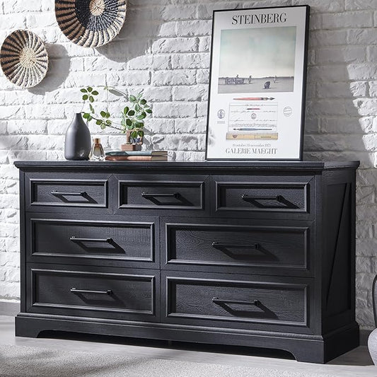 7 Drawer Dresser, Farmhouse Chest of Drawers for Bedroom, 52" Wide Dresser TV Stand with Large Metal Handles, Wood Drawer Organizer for Living Room, Hallway - Black