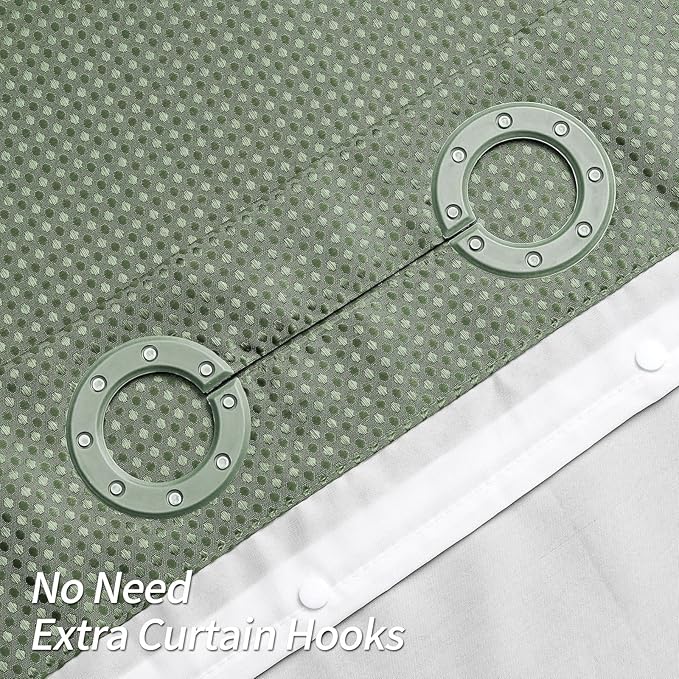 MitoVilla No Hooks Needed Small Stall Shower Curtain 36 x 74, Sage Green Waffle Half Size Narrow Waffle Weave Fabric Shower Curtain Set with Snap-in Liner for Modern Spa-Like Bathroom Decor