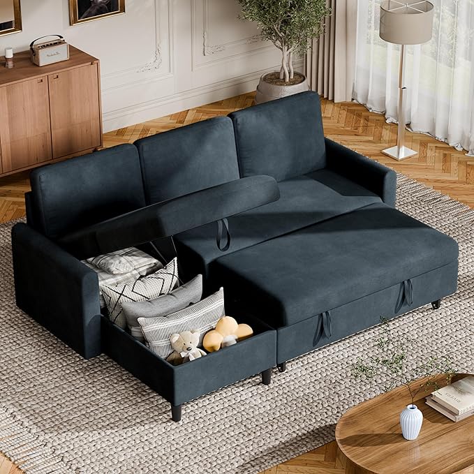 Shintenchi Sofa Couch, Pullout Sofa Bed,2 in 1 Pull Out Couch Bed with Storage Chaise for Living Room,Sleeper Sofa Couches Linen Sectional Sofa