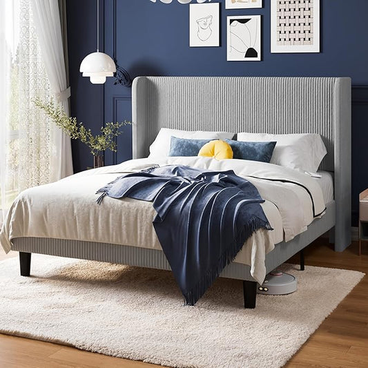 Allewie Full Size Bed Frame with Upholstered Wingback Headboard, Vertical Channel Tufted Corduroy Velvet Platform Bed, Strong Wooden Slats Support, No Box Spring Needed, Easy Assembly, Light Grey