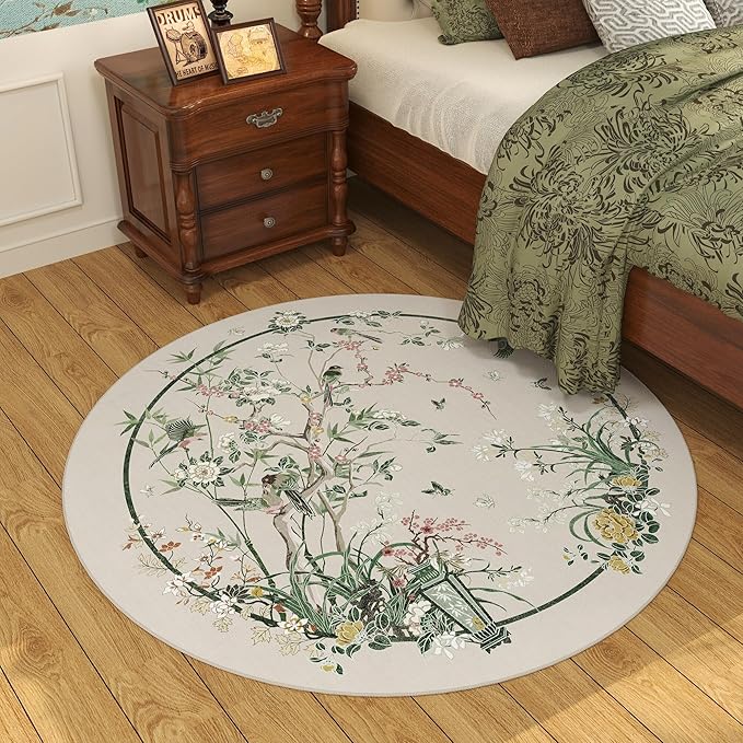 Circle Rug 4ft Chinoiserie-Style Floral Vintage Washable Round Rug Non Slip Low Pile Small Circular Rug for Bedroom, Bathroom, Entryway, Kids Room, Office, Beige