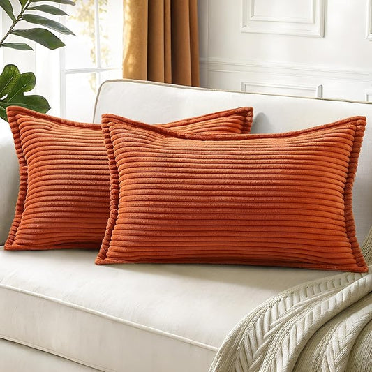 decorUhome Fall Corduroy Rust Throw Pillow Covers 12x20 Set of 2 Decorative Soft Boho Striped Lumbar Neutral Euro Farmhouse Couch Pillow Covers with Broadside for Living Room Bed Sofa