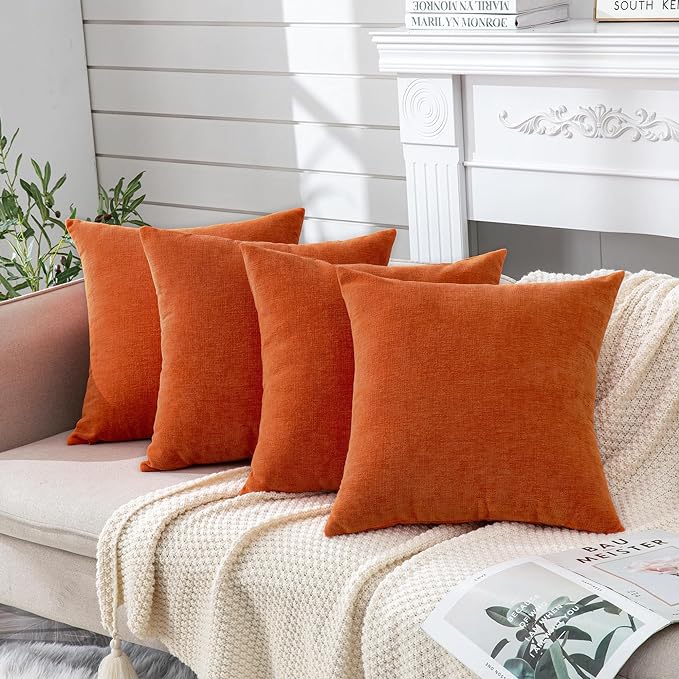 GAWAMAY Decorative Square Throw Pillow Covers 18"x18" Inch Set of 4, Super Soft Chenille Pillows Farmhouse Fall Pillowcase for Living Room Bedroom Sofa Couch Cushion Cover Burnt Orange 45x45cm
