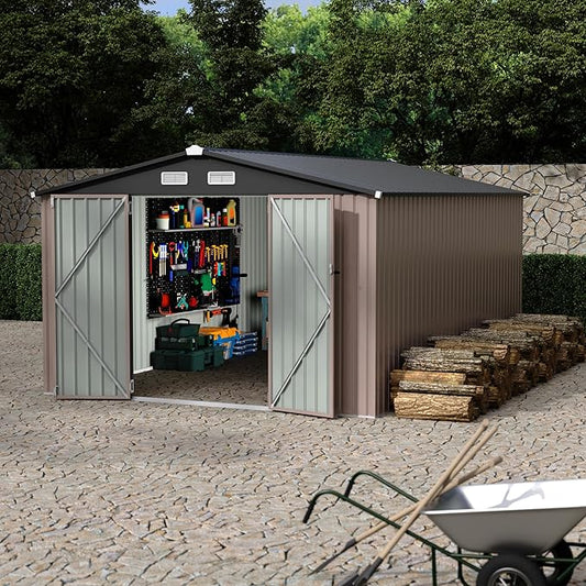 10x14 FT Metal Storage Sheds Outdoor, Metal ToolShed with Lockable Door, Metals Yard Sheds Metals Garden Shed Kit, MetalUtility Sheds Buildings with Air Vent for Backyard Garden Patio Lawn