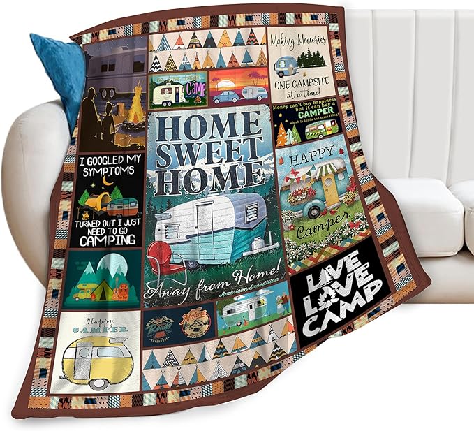 Camping Blanket Soft Warm Plush Throw Blanket Happy Camper RV Gifts for Camper Lover Cozy Lightweight Flannel Fleece Stuff Decor Blanket for Girls Boys Kids Adults Women Bed Travel 60"x80"