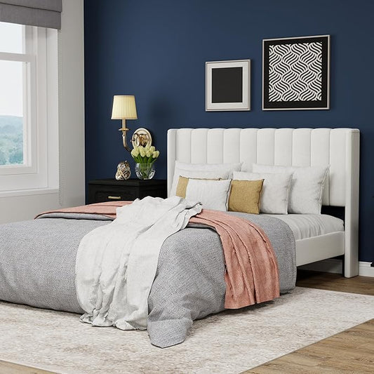 Upholstered Platform Queen Size Bed Frame with Headboard Wooden Slats Support No Noise Easy Assembly White Linen