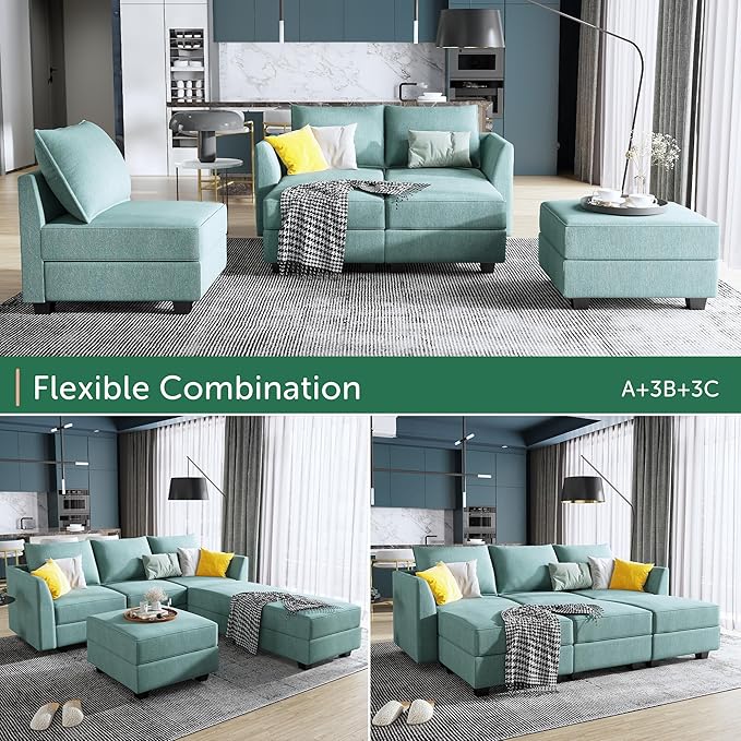 HONBAY Convertible Sectional Sleeper Sofa with Storage Seats Modern Modular Sofa Sectional Couch Modular Sleeper Couch with Ottomans, Aqua Blue
