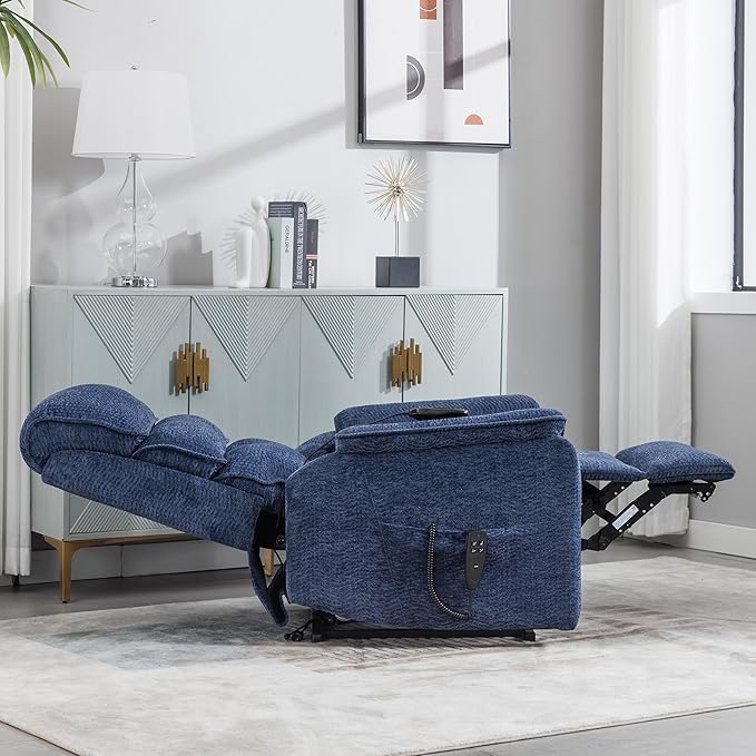 Electric Lift Chair with Heat and Massage, Dual Motor Recliner Lift Chair with Infinite Position, 72.4in Long Big and Tall Recliner, Blue Extra Wide Recliner, Chenille Fabric