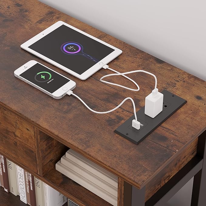 Mexin Console Table with Outlets and USB Ports, Entryway Table with Drawer Storage Shelves, Industrial Wood Hallway Sofa Table for Living Room, Couch, Foyer, Kitchen Counter, 39 Inch, Vintage Brown