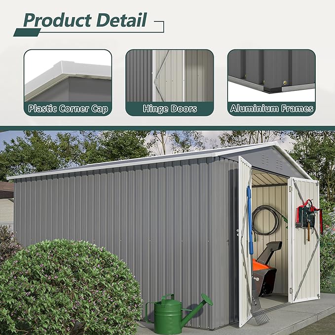 10 x 10FT Outdoor Metal Storage Shed with Lockable Door, Lean to Sheds Outdoor Storage for Garden, Backyard, Patio and Backyard