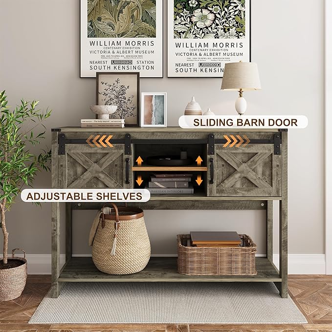 Console Table with Storage Shelf & Sliding Barn Door, Farmhouse Entryway Table with Storage, 46" Narrow Long Sofa, Behind Couch, Console Tables for Living Room (Light Grey)