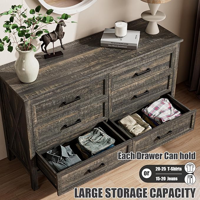 LYNSOM Farmhouse 6 Drawers Dresser for Bedroom, Wood Rustic Wide Chest of Drawers with Deep Drawers, Metal Handle, Storage Dressers Organizer for Living Room, Entryway, Dark Rustic Oak
