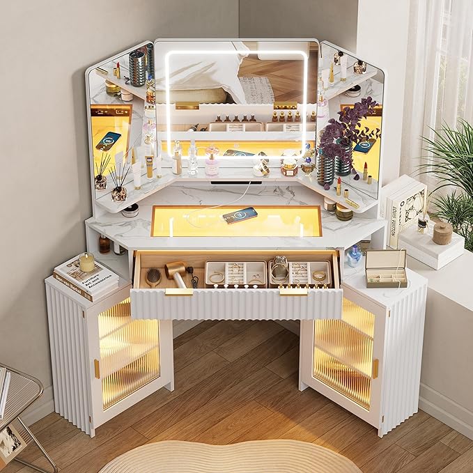 Corner Vanity Desk with 3 Way Mirror & LED Light, Fluted Makeup Vanity with Glass Top, Charging Station, Large Drawer & 2 Sliding Storage Cabinets with Human Sensor Light, White Marble