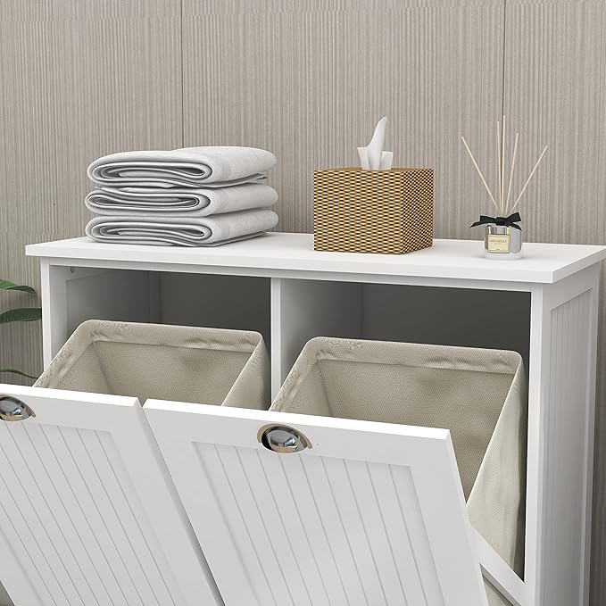 Tilt Out Laundry Hamper with Removable Basket, Hidden Laundry Hamper, Wood Bathroom Storage, Free Standing Home Organizer, White, LOC005