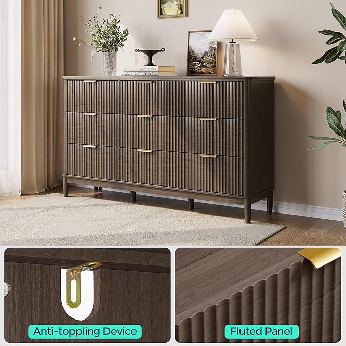 LINSY 9 Drawer Double Dresser for Bedroom, Modern Fluted Wood Chest of Drawers with Gold Metal Handles, Wide Storage Dresser TV Stand for Bedroom, Living Room, Entryway, Walnut