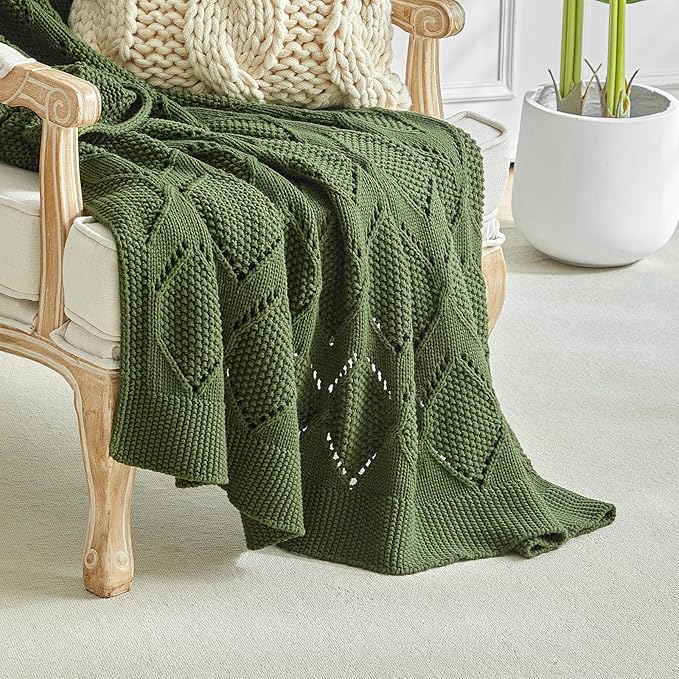 Longhui bedding Chunky Cotton Knit Throw Blanket for Couch, Sofa, Bed, or Chair, Decorative Breathable Fall Cable Knit Blanket 60 x 80 Inches, Large Olive Green