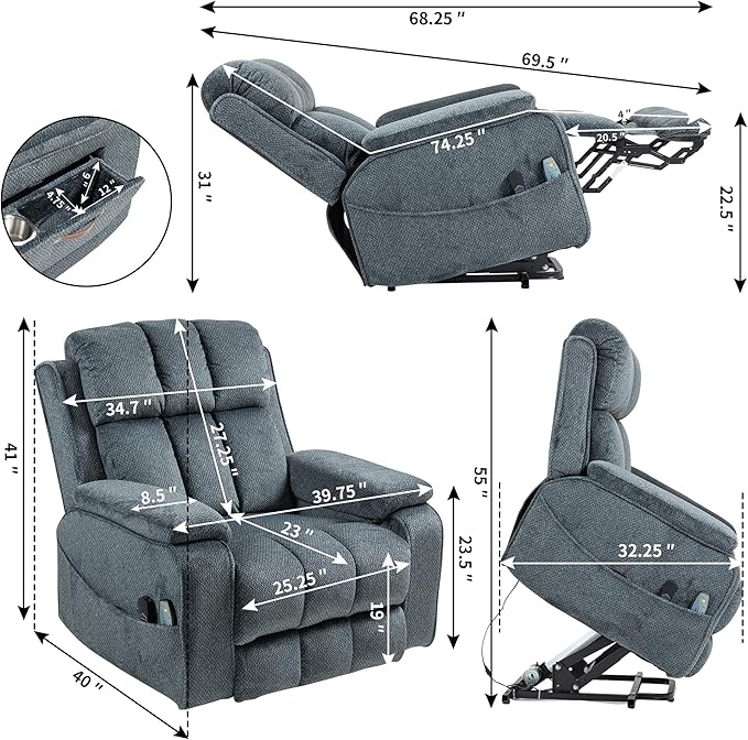 Power Lift Recliner Chairs for Elderly Big Man 400lbs, Oversized Lay Flat Recliner with Heat & Massage, Extended Footrest and Side Storage Cup Holder for Adults Seniors
