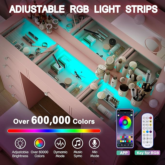 Vanity Desk with Mirror and Lights, Makeup Vanity Desk with Lights 3 Colors, LED Reinforced Glass Vanity, Makeup Vanity with 11 Storage Drawer, Dressing Table for Bedroom Dressing Room (Pink)