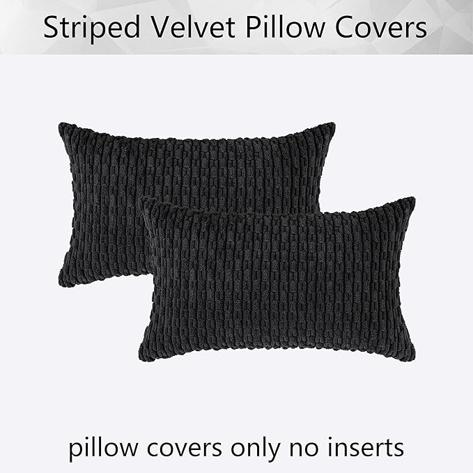 Kevin Textile Rectangle Throw Pillow Covers Ultra Soft Striped Corduroy Solid Cushion Covers Oblong Throw Pillowcases for Lumbar 12 x 20 inch Black