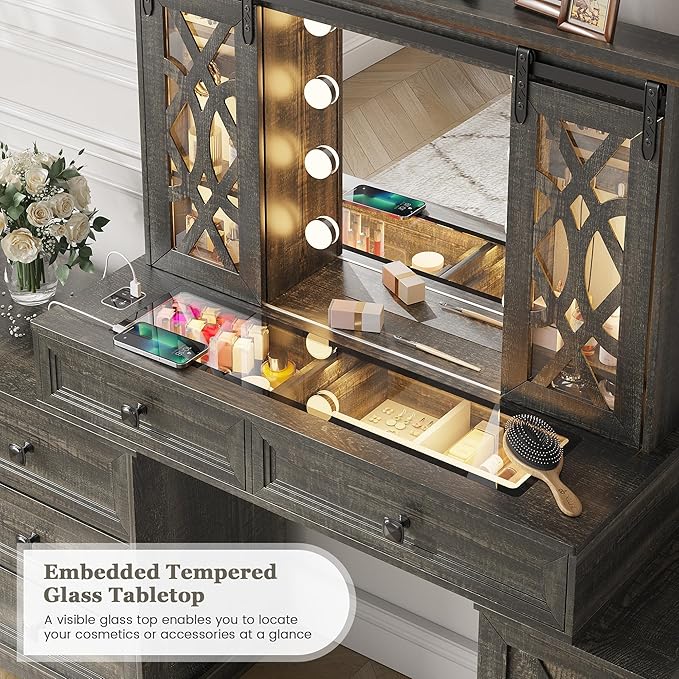 Farmhouse Makeup Vanity with Mirror & Lights, Large Vanity Desk with 5 Drawers & 9 Storage Shelves, Dressing Table with Jewelry Armoire, Vanity Gifts for Wife Girlfriends Women/Lady Girl (Brown)