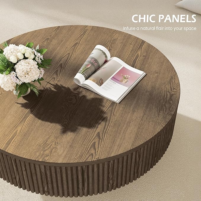35” Round Fluted Coffee Table, Modern Wood Circle Coffee Table, Veneer Handcrafted Relief Tea Table with Sturdy Pedestal for Living Room, Easy Assembly - Brown