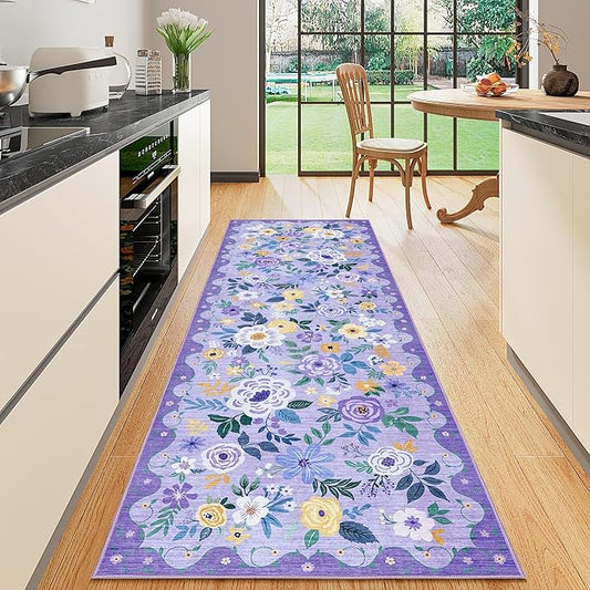 DUKINO Runner Rug, 2.6x8 Kitchen Rug for Hallway with Non Slip Backing, Washable Low Pile Soft Boho Floral Runner Carpet for Hallway, Kitchen, Entryway, Laundry, Bedroom, Purple
